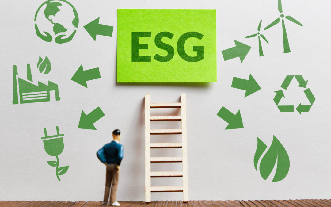 A man standing next to a ladder looks at a green sign saying ESG